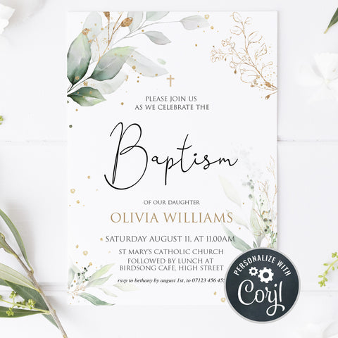 editable baptism invitation, printable baptism invitation, floral baptism invitation, christening invitation 