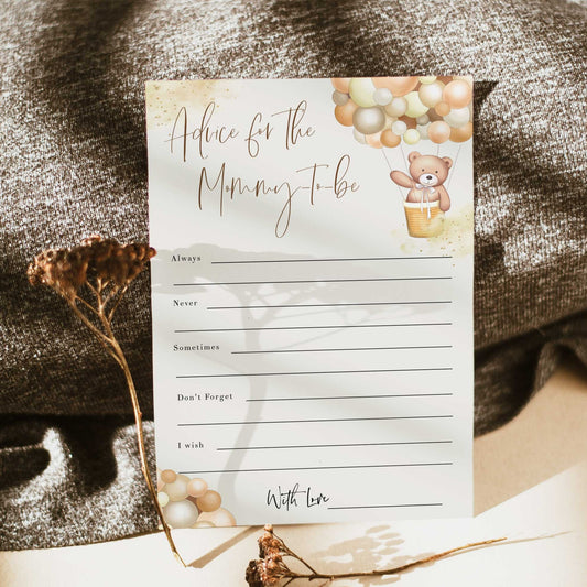 Fully editable and printable baby shower advice for mommy game with a hot air balloon teddy bear, we can bearly wait design. Perfect for a We Can Bearly Wait baby shower themed party
