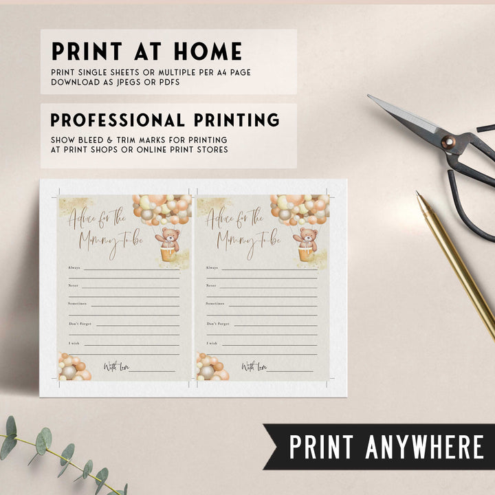 Fully editable and printable baby shower advice for mommy game with a hot air balloon teddy bear, we can bearly wait design. Perfect for a We Can Bearly Wait baby shower themed party