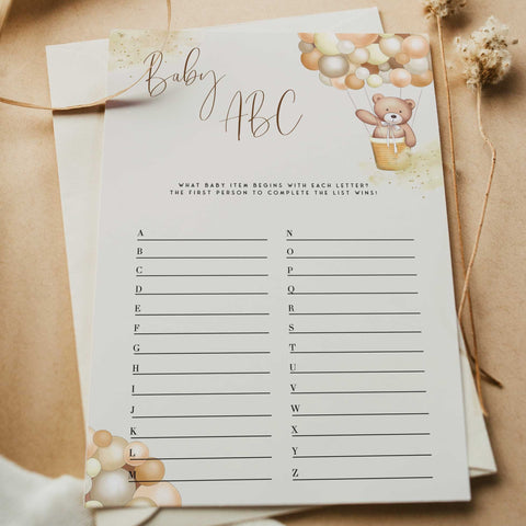 Fully editable and printable baby shower Baby ABC game with a hot air balloon teddy bear, we can bearly wait design. Perfect for a We Can Bearly Wait baby shower themed party
