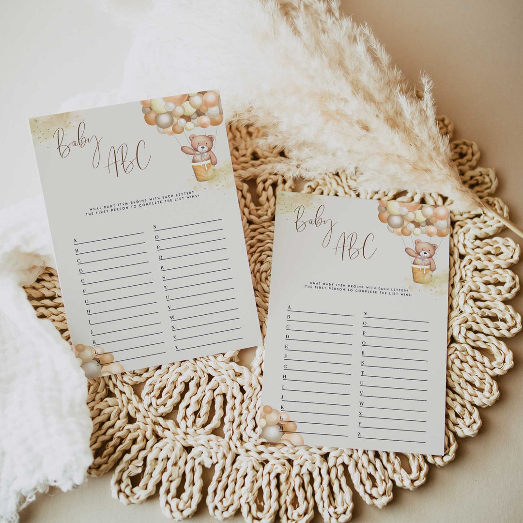 Fully editable and printable baby shower Baby ABC game with a hot air balloon teddy bear, we can bearly wait design. Perfect for a We Can Bearly Wait baby shower themed party
