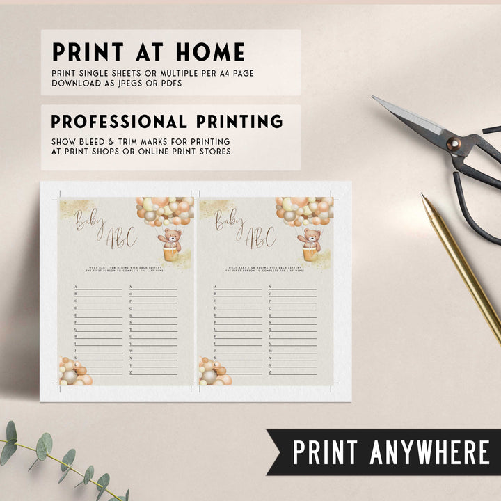 Fully editable and printable baby shower Baby ABC game with a hot air balloon teddy bear, we can bearly wait design. Perfect for a We Can Bearly Wait baby shower themed party