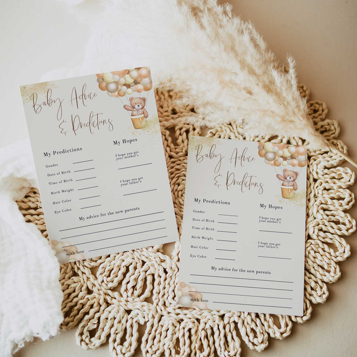 Fully editable and printable baby shower baby advice and predictions game with a hot air balloon teddy bear, we can bearly wait design. Perfect for a We Can Bearly Wait baby shower themed party