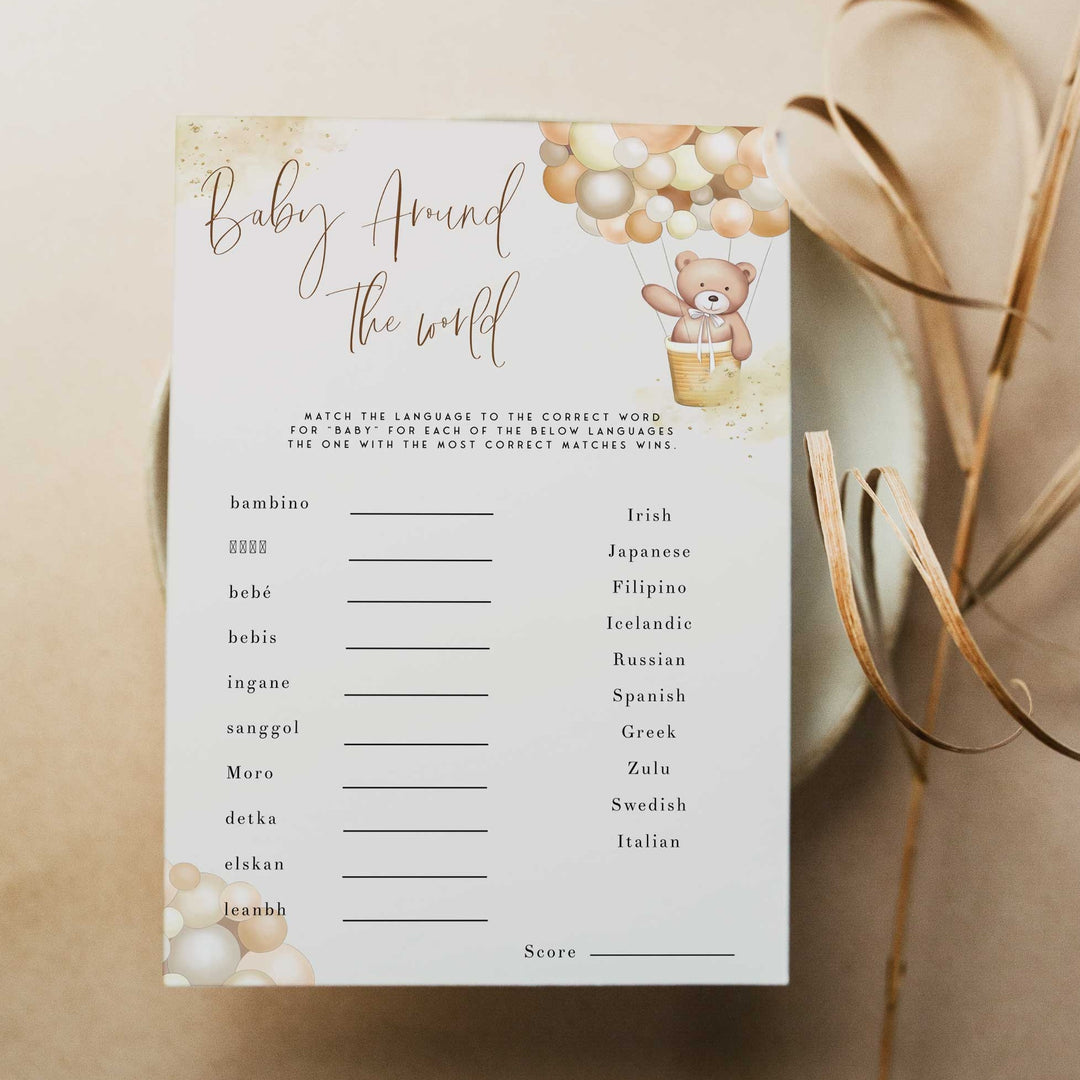 Fully editable and printable baby shower baby around the world game with a hot air balloon teddy bear, we can bearly wait design. Perfect for a We Can Bearly Wait baby shower themed party