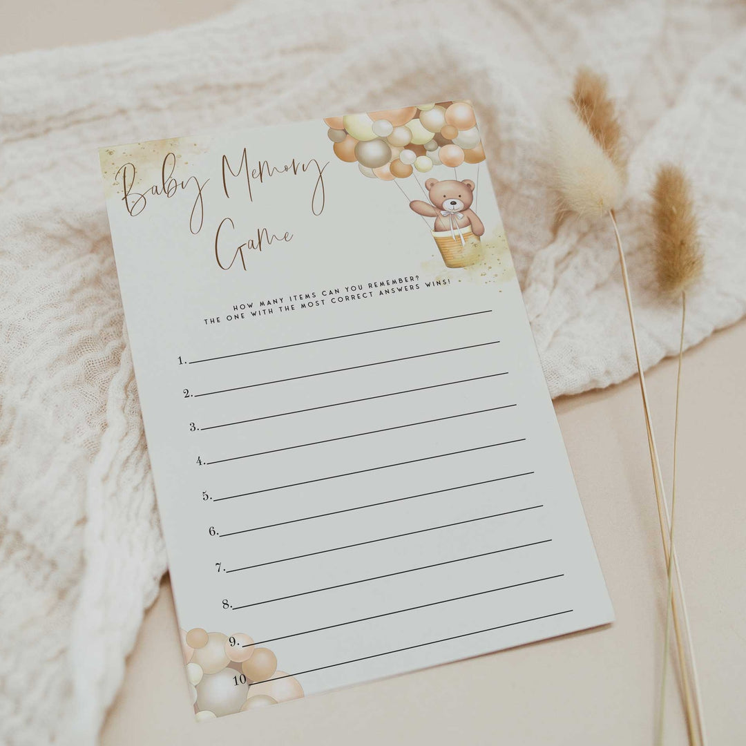 Fully editable and printable baby shower baby memory game with a hot air balloon teddy bear, we can bearly wait design. Perfect for a We Can Bearly Wait baby shower themed party