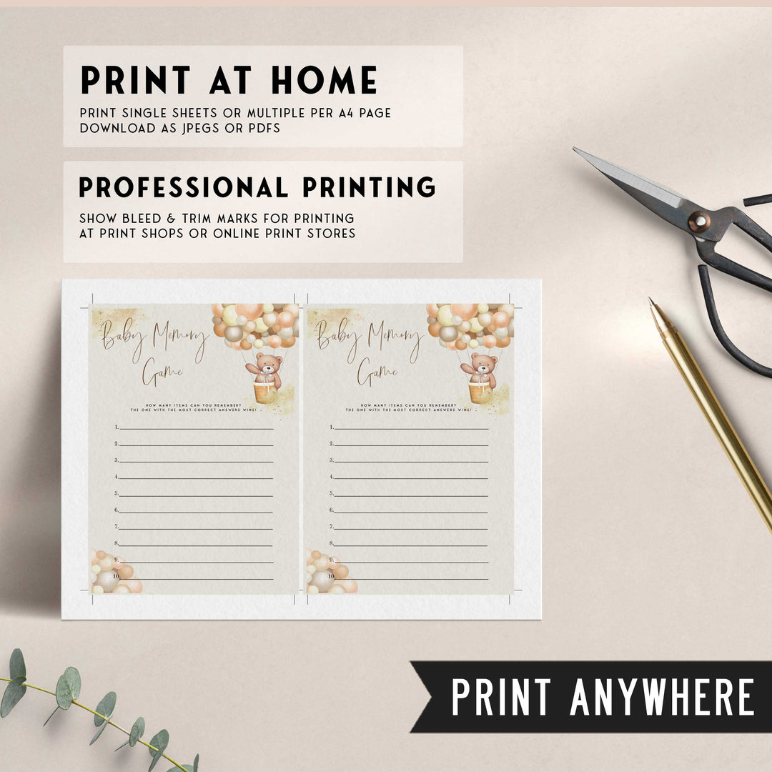 Fully editable and printable baby shower baby memory game with a hot air balloon teddy bear, we can bearly wait design. Perfect for a We Can Bearly Wait baby shower themed party