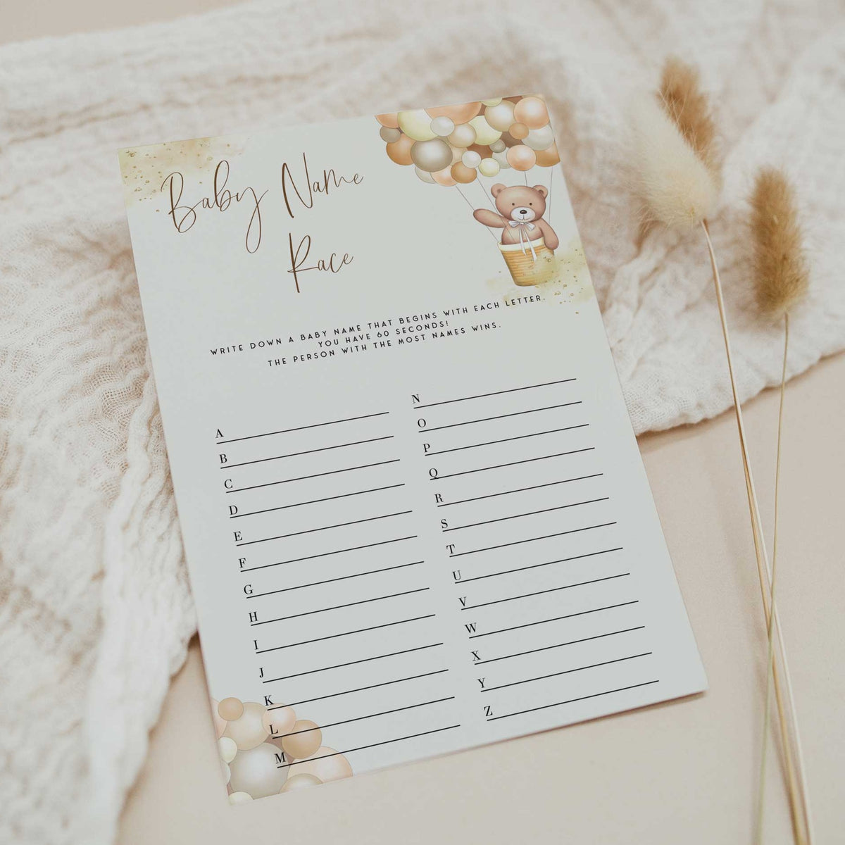 Fully editable and printable baby shower baby name race game with a hot air balloon teddy bear, we can bearly wait design. Perfect for a We Can Bearly Wait baby shower themed party
