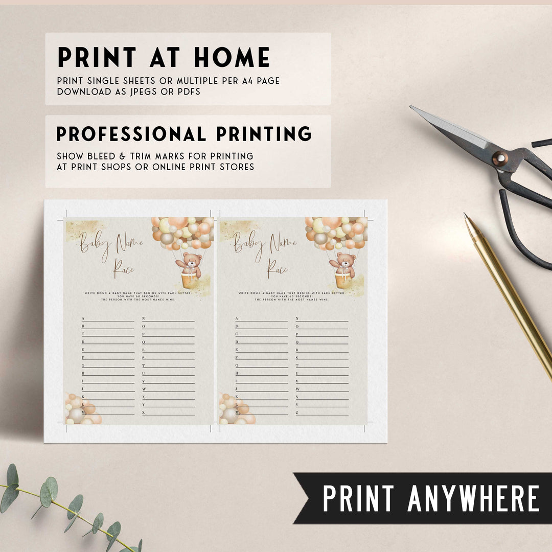 Fully editable and printable baby shower baby name race game with a hot air balloon teddy bear, we can bearly wait design. Perfect for a We Can Bearly Wait baby shower themed party