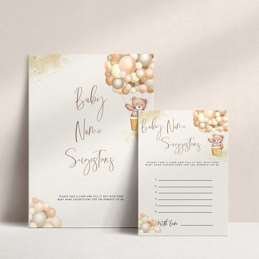 Fully editable and printable baby shower baby name suggestions game with a hot air balloon teddy bear, we can bearly wait design. Perfect for a We Can Bearly Wait baby shower themed party