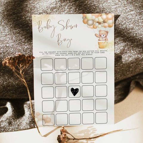 Fully editable and printable baby shower baby shower bingo game with a hot air balloon teddy bear, we can bearly wait design. Perfect for a We Can Bearly Wait baby shower themed party