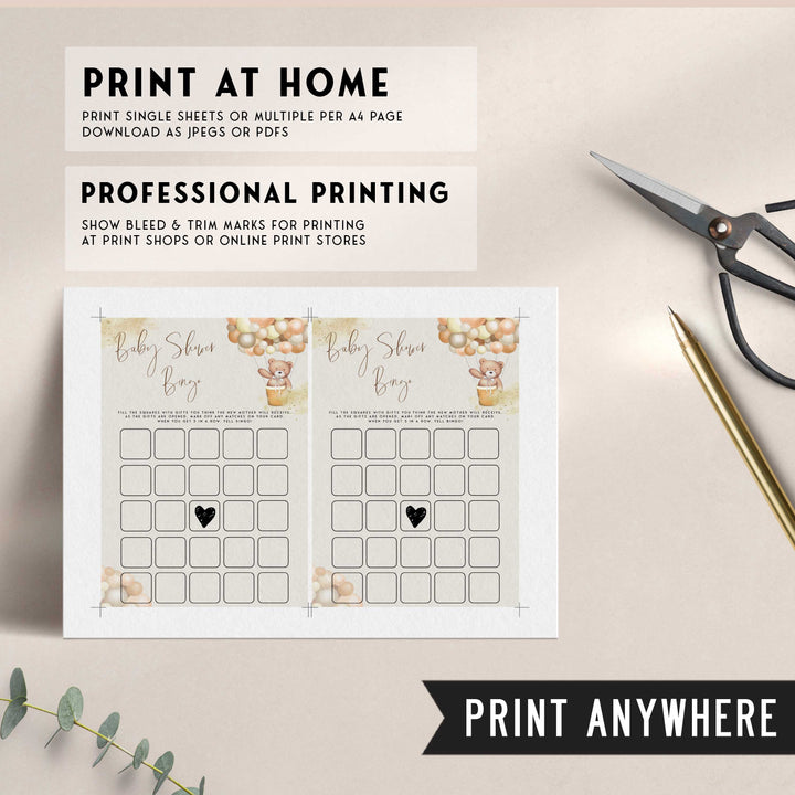 Fully editable and printable baby shower baby shower bingo game with a hot air balloon teddy bear, we can bearly wait design. Perfect for a We Can Bearly Wait baby shower themed party