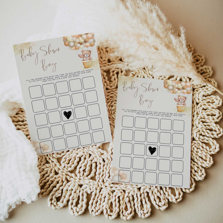 Fully editable and printable baby shower baby shower bingo game with a hot air balloon teddy bear, we can bearly wait design. Perfect for a We Can Bearly Wait baby shower themed party