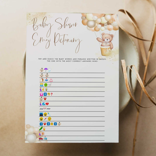 Fully editable and printable baby shower baby shower emoji pictionary game with a hot air balloon teddy bear, we can bearly wait design. Perfect for a We Can Bearly Wait baby shower themed party