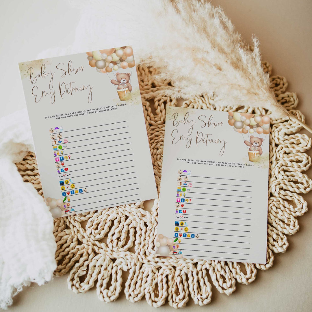 Fully editable and printable baby shower baby shower emoji pictionary game with a hot air balloon teddy bear, we can bearly wait design. Perfect for a We Can Bearly Wait baby shower themed party