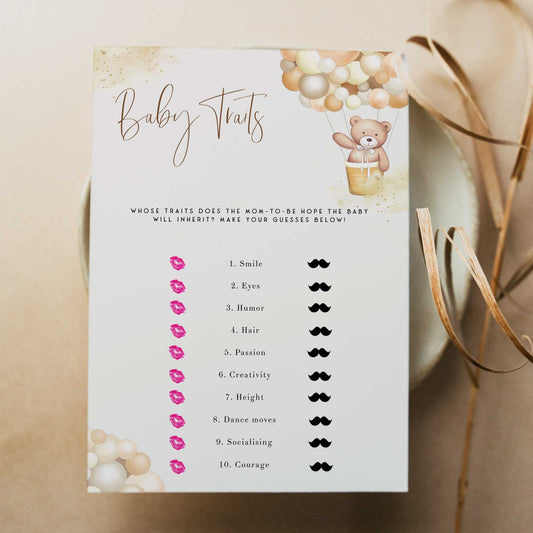 Fully editable and printable baby shower baby traits game with a hot air balloon teddy bear, we can bearly wait design. Perfect for a We Can Bearly Wait baby shower themed party