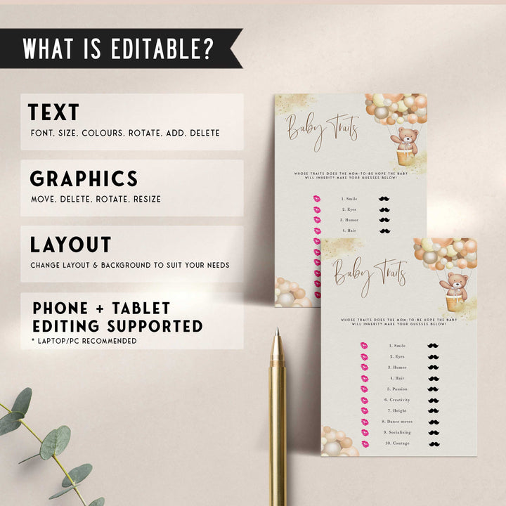 Fully editable and printable baby shower baby traits game with a hot air balloon teddy bear, we can bearly wait design. Perfect for a We Can Bearly Wait baby shower themed party