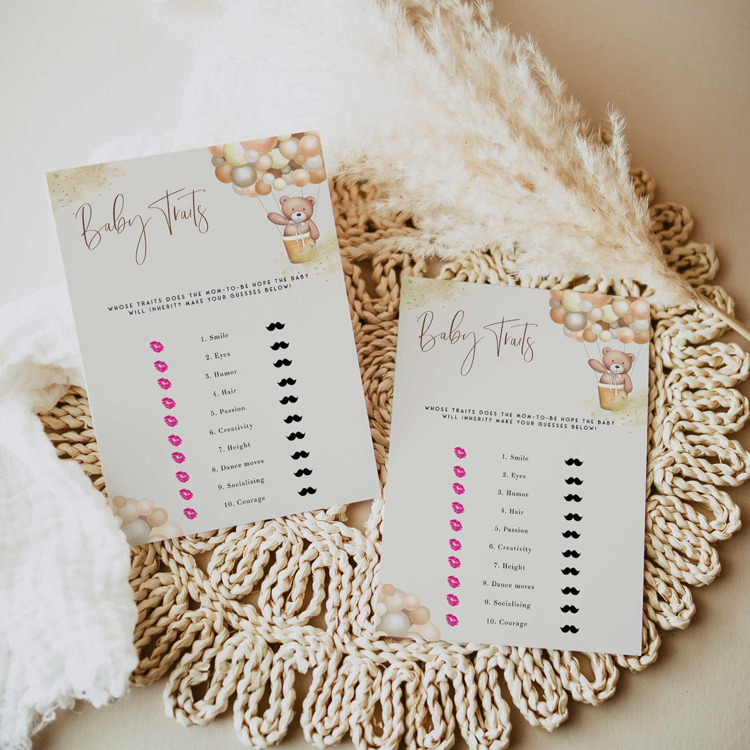 Fully editable and printable baby shower baby traits game with a hot air balloon teddy bear, we can bearly wait design. Perfect for a We Can Bearly Wait baby shower themed party