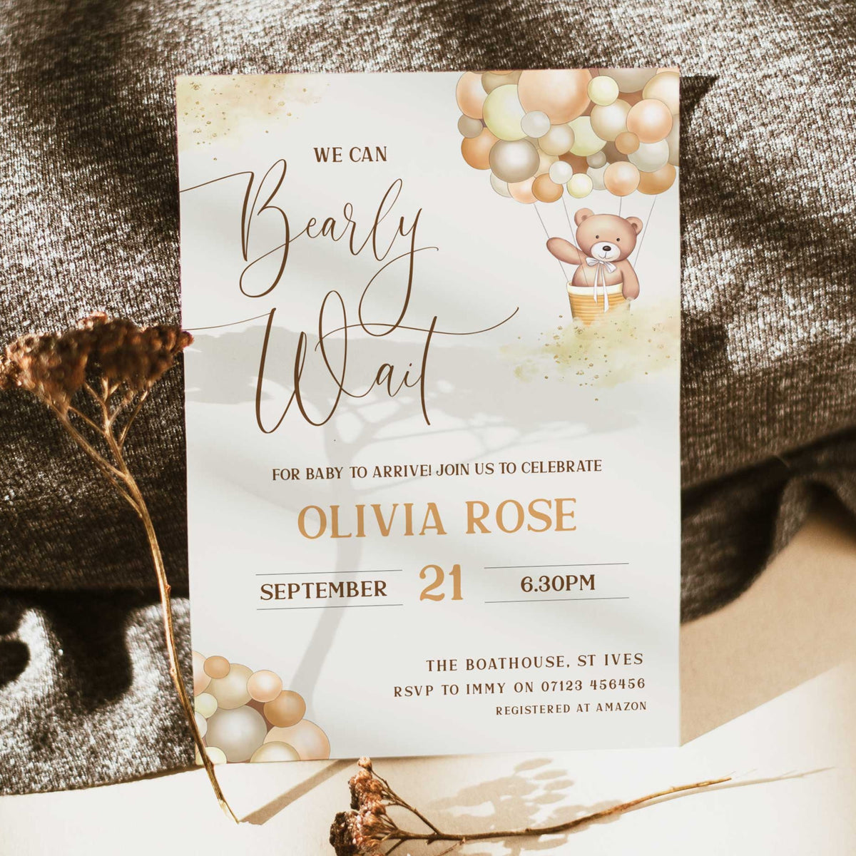 Printable baby shower invitation  with a teddy bear, we can nearly wait design