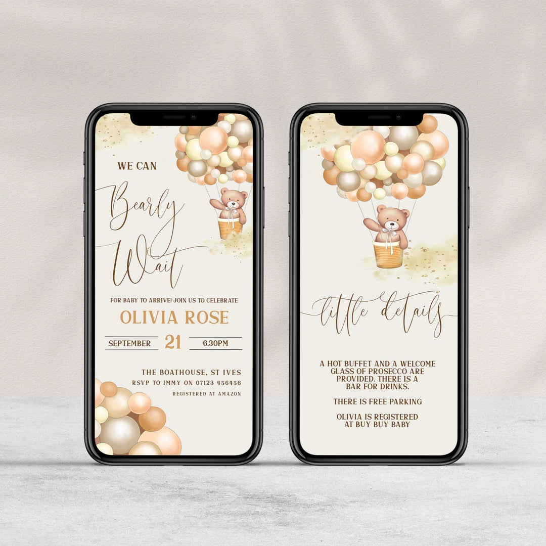 Printable baby shower invitation  with a teddy bear, we can bearly wait design