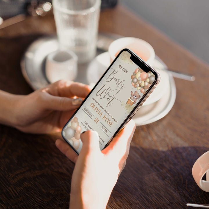 Printable baby shower invitation  with a teddy bear, we can bearly wait design