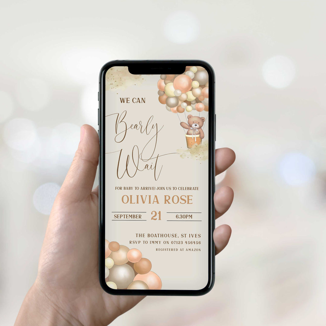 Printable baby shower invitation  with a teddy bear, we can bearly wait design