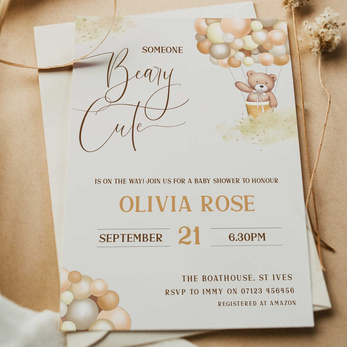 Printable baby shower invitation  with a teddy bear, we can nearly wait design