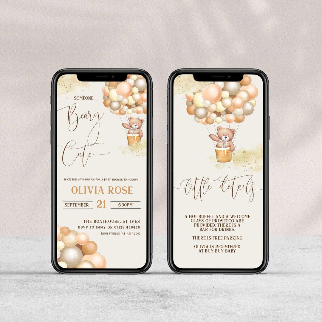 Printable baby shower invitation  with a teddy bear, we can nearly wait design