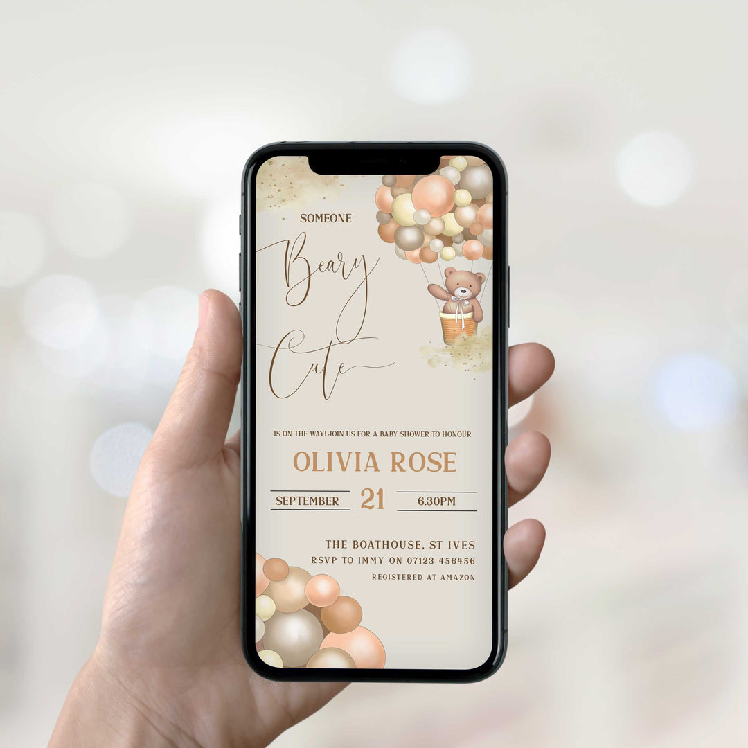 Printable baby shower invitation  with a teddy bear, we can nearly wait design