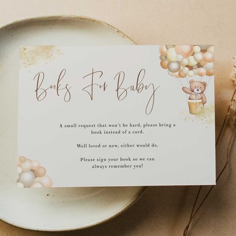 Fully editable and printable baby shower books for baby game with a hot air balloon teddy bear, we can bearly wait design. Perfect for a We Can Bearly Wait baby shower themed party