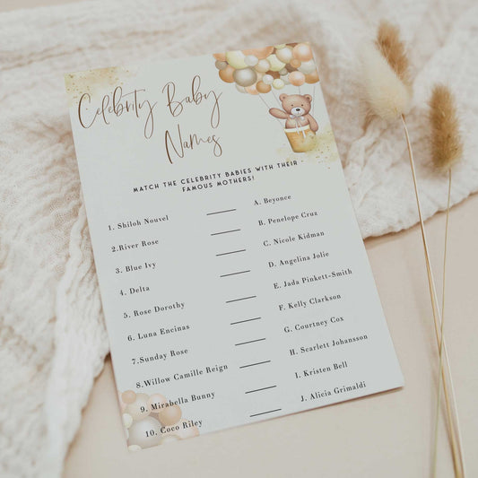 Fully editable and printable baby shower celebrity baby names game with a hot air balloon teddy bear, we can bearly wait design. Perfect for a We Can Bearly Wait baby shower themed party