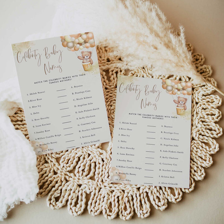 Fully editable and printable baby shower celebrity baby names game with a hot air balloon teddy bear, we can bearly wait design. Perfect for a We Can Bearly Wait baby shower themed party