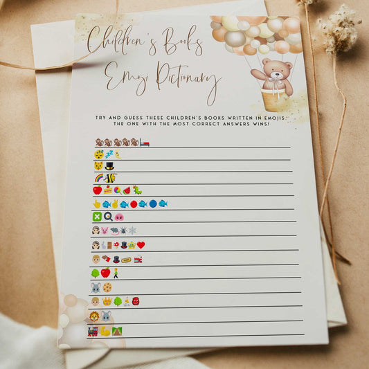 Fully editable and printable baby shower childrens books emoji pictionary game with a hot air balloon teddy bear, we can bearly wait design. Perfect for a We Can Bearly Wait baby shower themed party