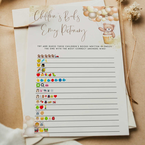 Fully editable and printable baby shower childrens books emoji pictionary game with a hot air balloon teddy bear, we can bearly wait design. Perfect for a We Can Bearly Wait baby shower themed party