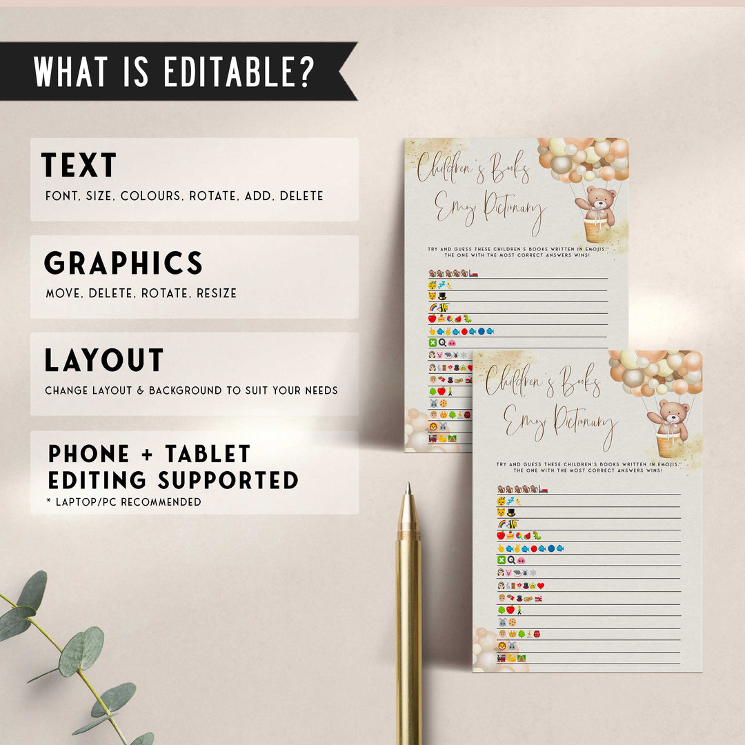 Fully editable and printable baby shower childrens books emoji pictionary game with a hot air balloon teddy bear, we can bearly wait design. Perfect for a We Can Bearly Wait baby shower themed party