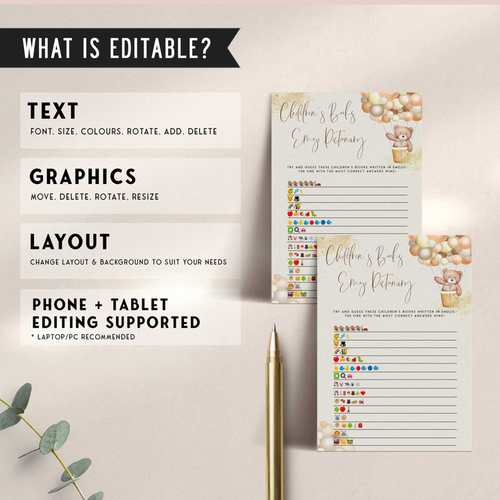 Fully editable and printable baby shower childrens books emoji pictionary game with a hot air balloon teddy bear, we can bearly wait design. Perfect for a We Can Bearly Wait baby shower themed party