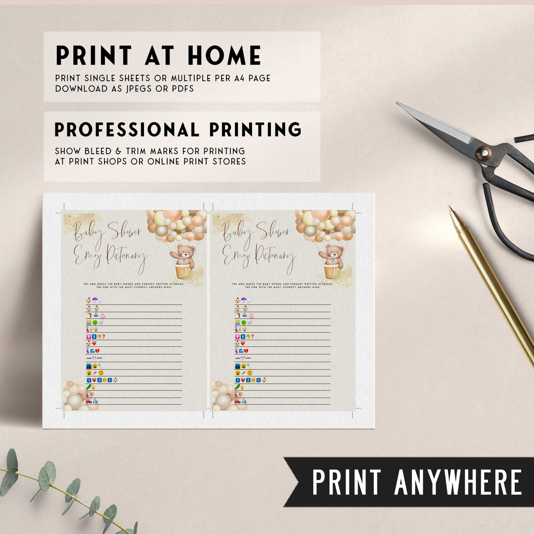 Fully editable and printable baby shower childrens books emoji pictionary game with a hot air balloon teddy bear, we can bearly wait design. Perfect for a We Can Bearly Wait baby shower themed party