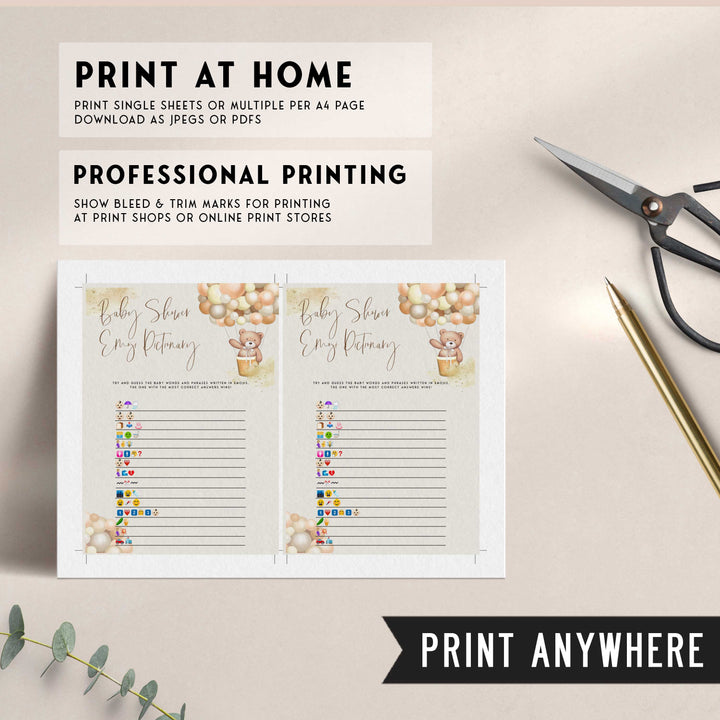 Fully editable and printable baby shower childrens books emoji pictionary game with a hot air balloon teddy bear, we can bearly wait design. Perfect for a We Can Bearly Wait baby shower themed party