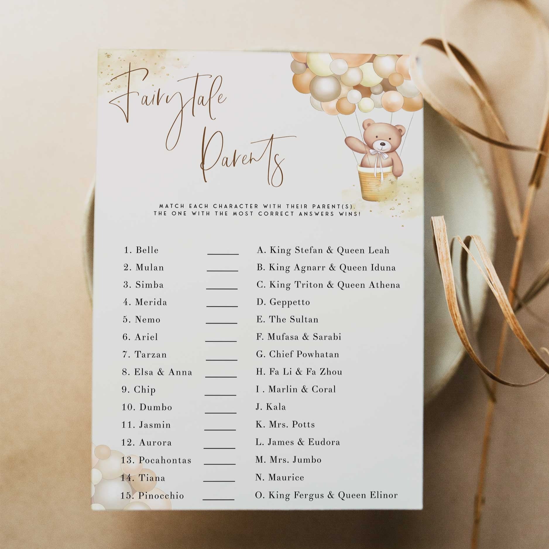 Fully editable and printable baby shower disney parents game with a hot air balloon teddy bear, we can bearly wait design. Perfect for a We Can Bearly Wait baby shower themed party