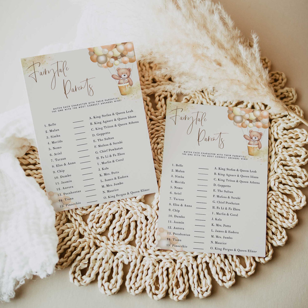 Fully editable and printable baby shower disney parents game with a hot air balloon teddy bear, we can bearly wait design. Perfect for a We Can Bearly Wait baby shower themed party