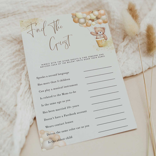 Fully editable and printable baby shower find the guest game with a hot air balloon teddy bear, we can bearly wait design. Perfect for a We Can Bearly Wait baby shower themed party
