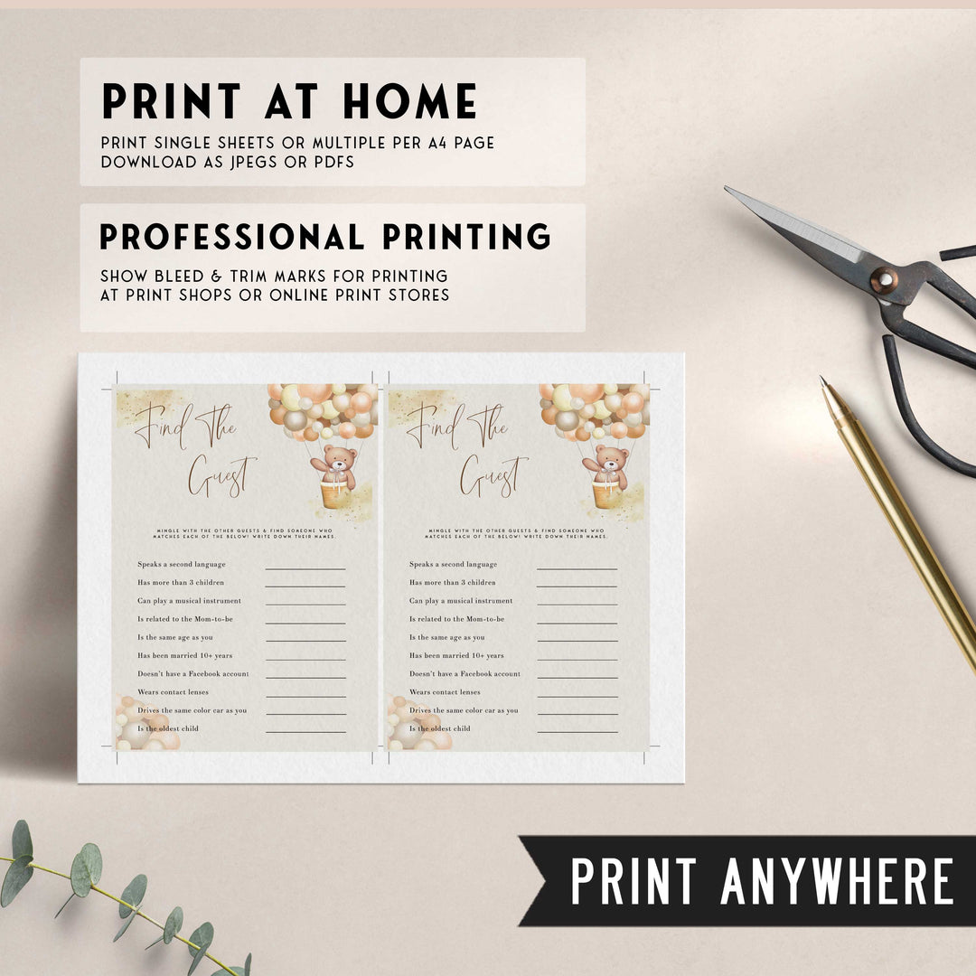 Fully editable and printable baby shower find the guest game with a hot air balloon teddy bear, we can bearly wait design. Perfect for a We Can Bearly Wait baby shower themed party
