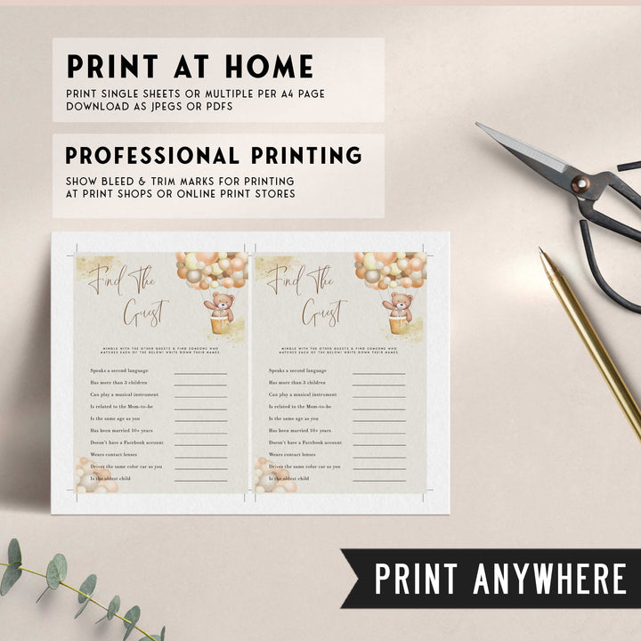 Fully editable and printable baby shower find the guest game with a hot air balloon teddy bear, we can bearly wait design. Perfect for a We Can Bearly Wait baby shower themed party