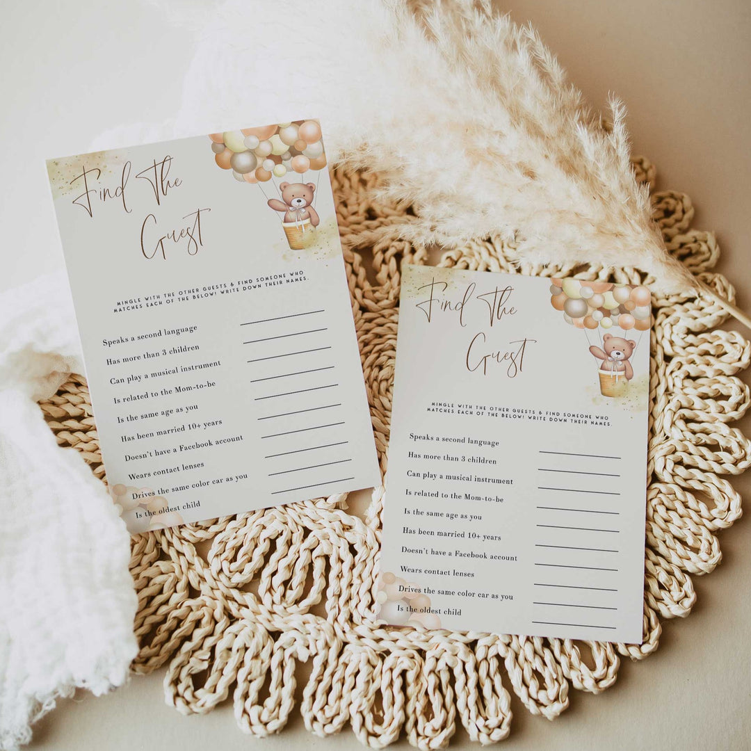 Fully editable and printable baby shower find the guest game with a hot air balloon teddy bear, we can bearly wait design. Perfect for a We Can Bearly Wait baby shower themed party