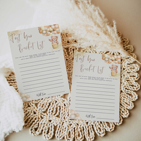 Fully editable and printable baby shower first year bucket list game with a hot air balloon teddy bear, we can bearly wait design. Perfect for a We Can Bearly Wait baby shower themed party