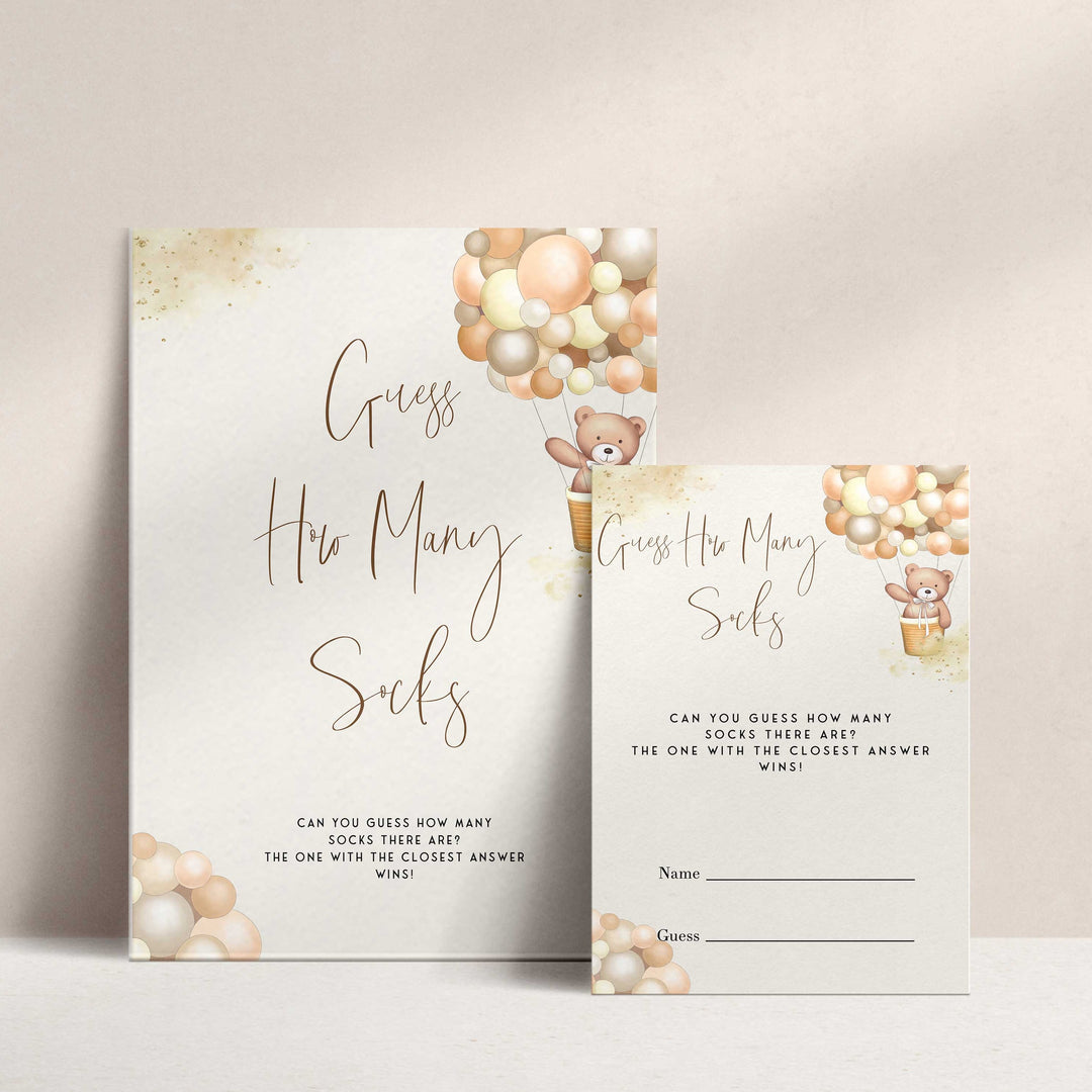 Fully editable and printable baby shower guess how many socks game with a hot air balloon teddy bear, we can bearly wait design. Perfect for a We Can Bearly Wait baby shower themed party