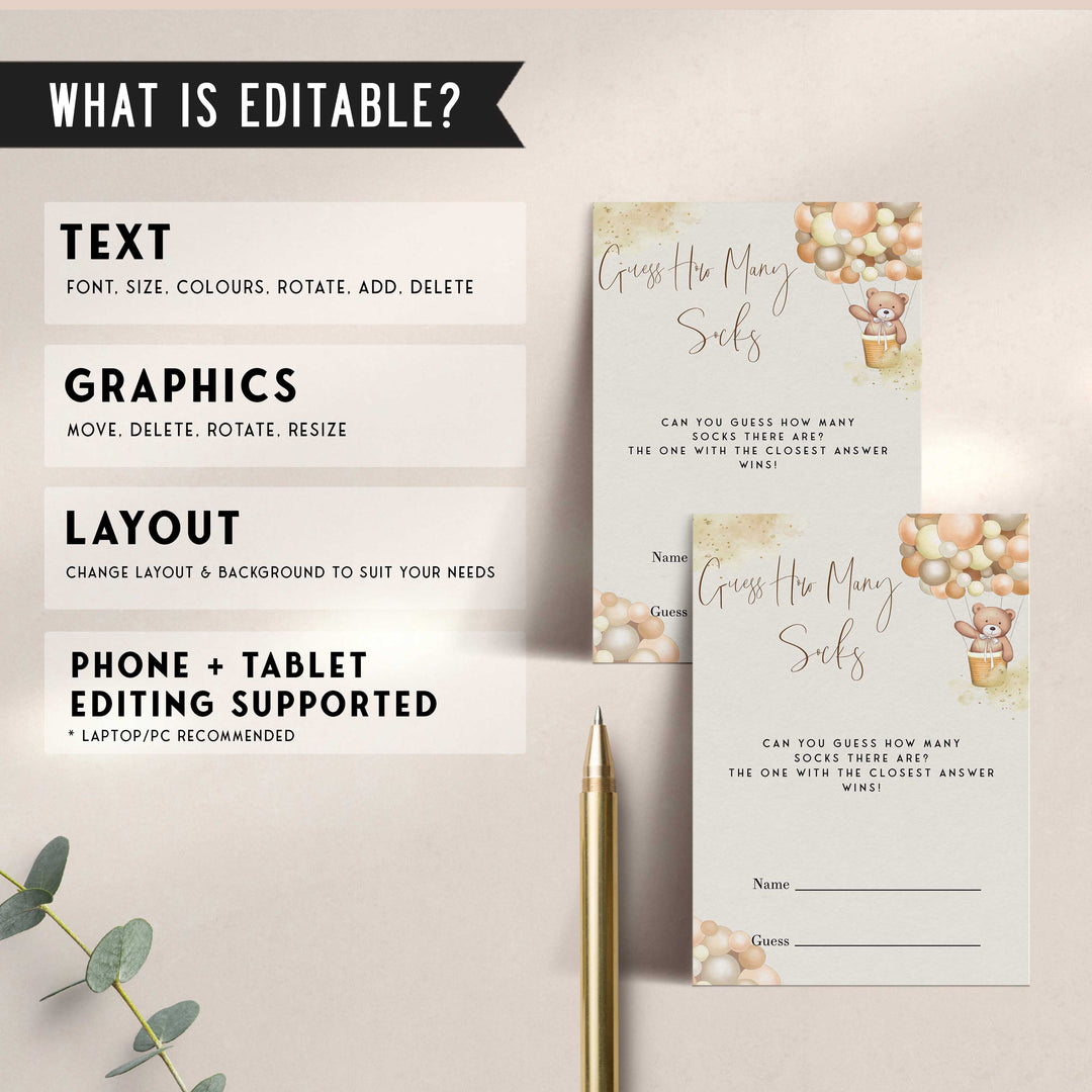 Fully editable and printable baby shower guess how many socks game with a hot air balloon teddy bear, we can bearly wait design. Perfect for a We Can Bearly Wait baby shower themed party