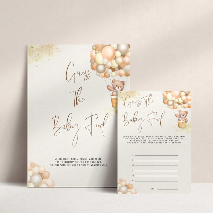 Fully editable and printable baby shower guess the baby food game with a hot air balloon teddy bear, we can bearly wait design. Perfect for a We Can Bearly Wait baby shower themed party