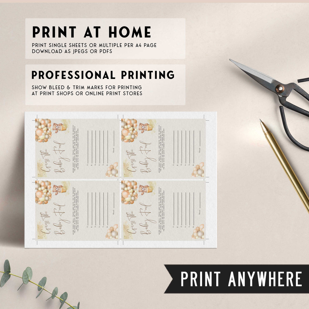 Fully editable and printable baby shower guess the baby food game with a hot air balloon teddy bear, we can bearly wait design. Perfect for a We Can Bearly Wait baby shower themed party