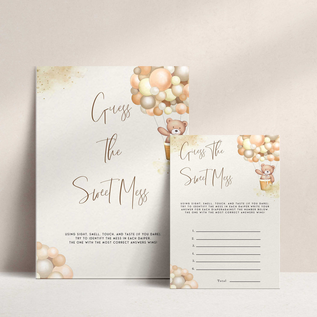 Fully editable and printable baby shower guess the sweet mess game with a hot air balloon teddy bear, we can bearly wait design. Perfect for a We Can Bearly Wait baby shower themed party