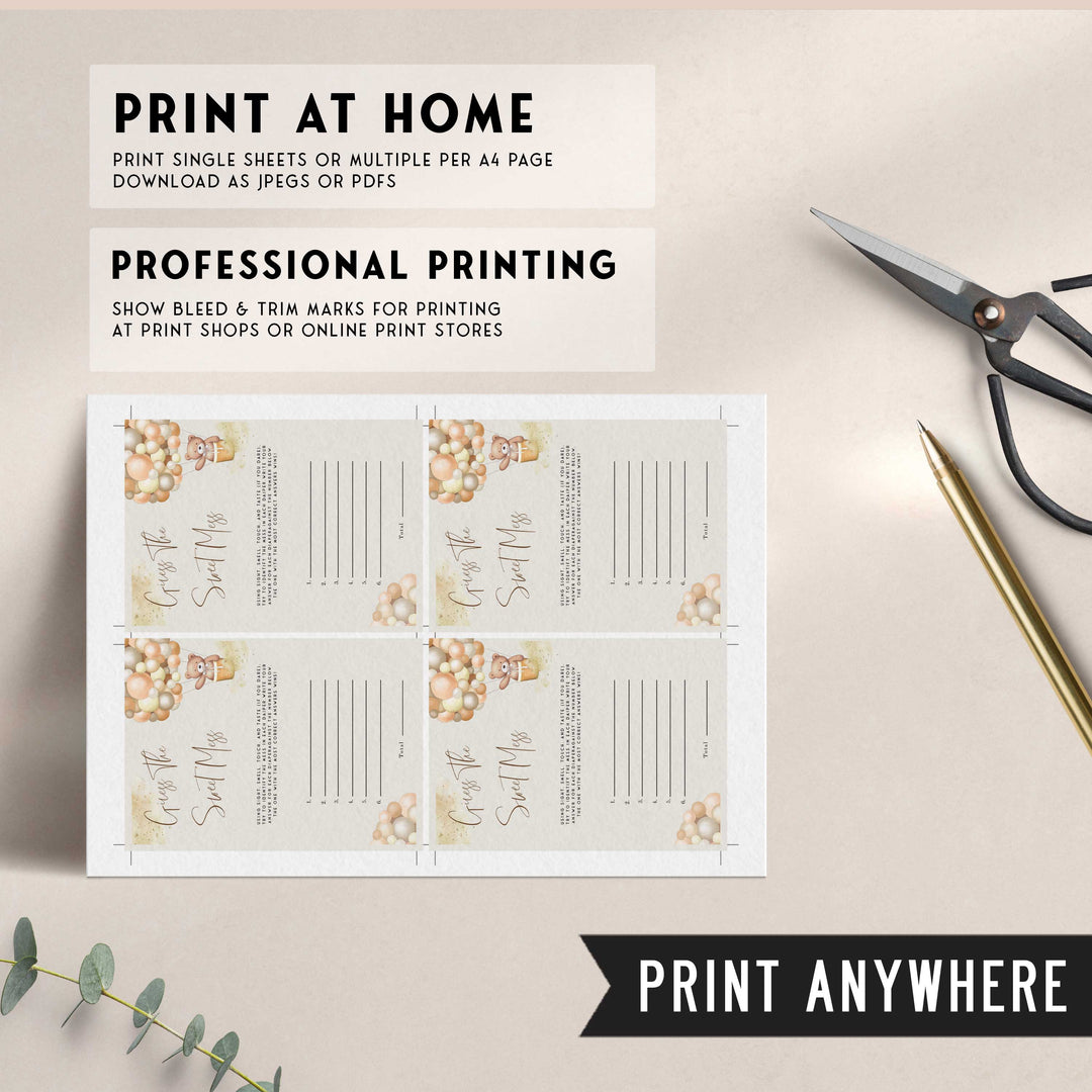 Fully editable and printable baby shower guess the sweet mess game with a hot air balloon teddy bear, we can bearly wait design. Perfect for a We Can Bearly Wait baby shower themed party